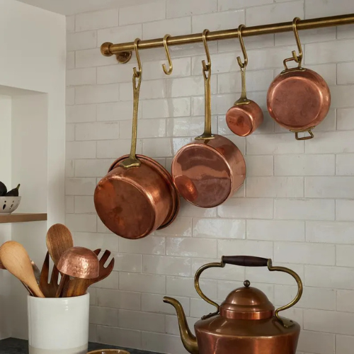 Handmade Unlacquered Brass Pot Rail with S Hooks - Antique Kitchen Organizer