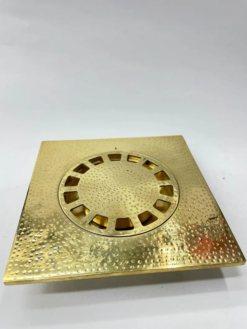 Unlacquered Brass Shower Drain – Handmade Engraved Floor Drain Cover for Bathroom or Spa
