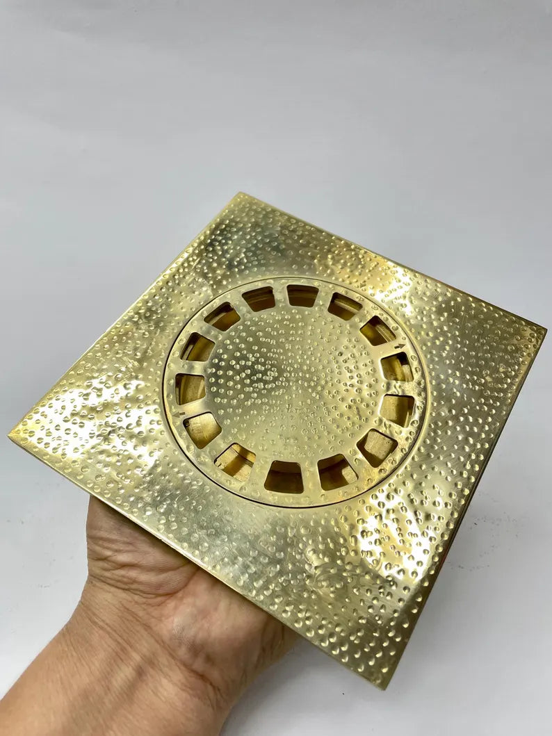 Unlacquered Brass Shower Drain – Handmade Engraved Floor Drain Cover for Bathroom or Spa